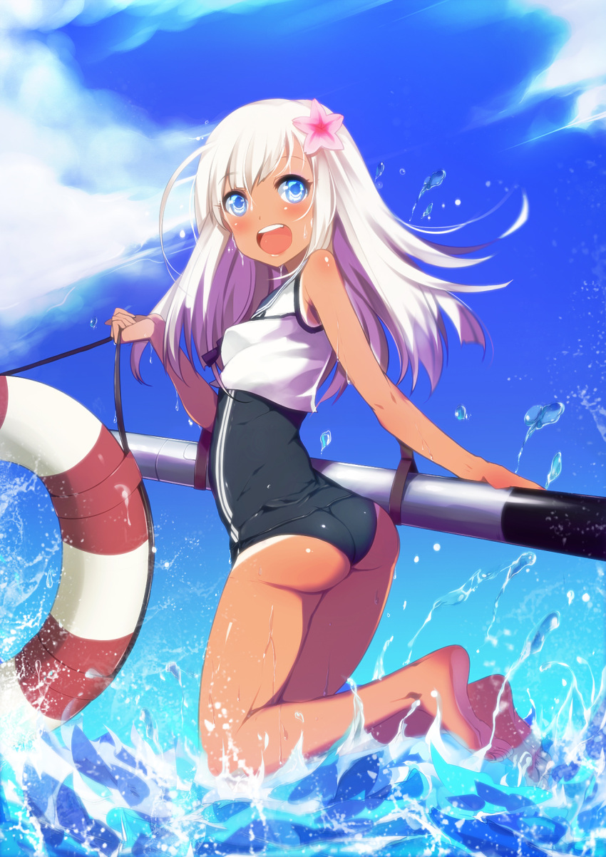 1girl ass bare_legs barefoot bba1985 blue_eyes commentary_request crop_top flower from_behind hair_flower hair_ornament highres kantai_collection lifebuoy long_hair looking_at_viewer looking_back one-piece_tan open_mouth ro-500_(kantai_collection) sailor_collar school_swimsuit smile solo swimsuit swimsuit_under_clothes tan tanline torpedo water wet