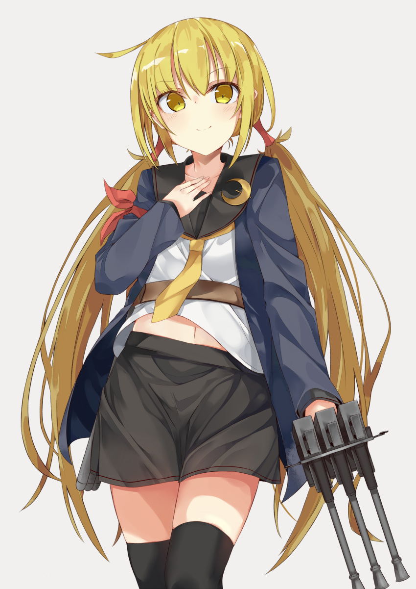 1girl armband black_legwear blonde_hair crescent_moon_pin gun hand_on_own_chest highres holding_gun holding_weapon jacket kantai_collection long_hair long_sleeves looking_at_viewer low_twintails monobe_tsukuri navel remodel_(kantai_collection) satsuki_(kantai_collection) school_uniform serafuku simple_background skirt smile solo thigh-highs twintails weapon yellow_eyes zettai_ryouiki