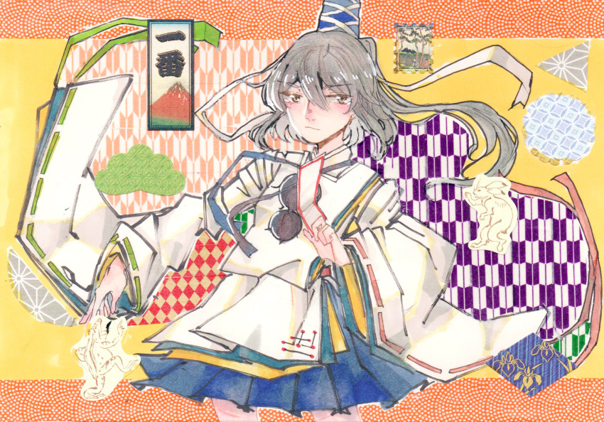 1girl asa_no_ha_(pattern) blue_skirt checkered cowboy_shot expressionless grey_hair hat hat_ribbon highres japanese_clothes letterboxed long_sleeves mononobe_no_futo pom_pom_(clothes) ponytail postage_stamp ribbon ribbon-trimmed_sleeves ribbon_trim seastar shippou_(pattern) short_hair skirt solo tate_eboshi touhou white_clothes wide_sleeves yagasuri yellow_background