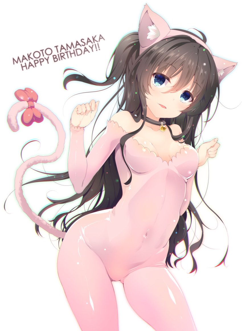!! 1girl akahito alternate_costume animal_ears bangs bare_shoulders bell bell_collar black_hair blush bodysuit bow breasts cat_ears cat_tail character_name collar collarbone covered_navel cowboy_shot english eyebrows eyebrows_visible_through_hair fake_animal_ears hair_between_eyes hairband happy_birthday highres jingle_bell long_hair looking_at_viewer one_side_up parted_lips red_bow shiny shiny_clothes simple_background solo tail tail_bow tamasaka_makoto text tokyo_7th_sisters white_background