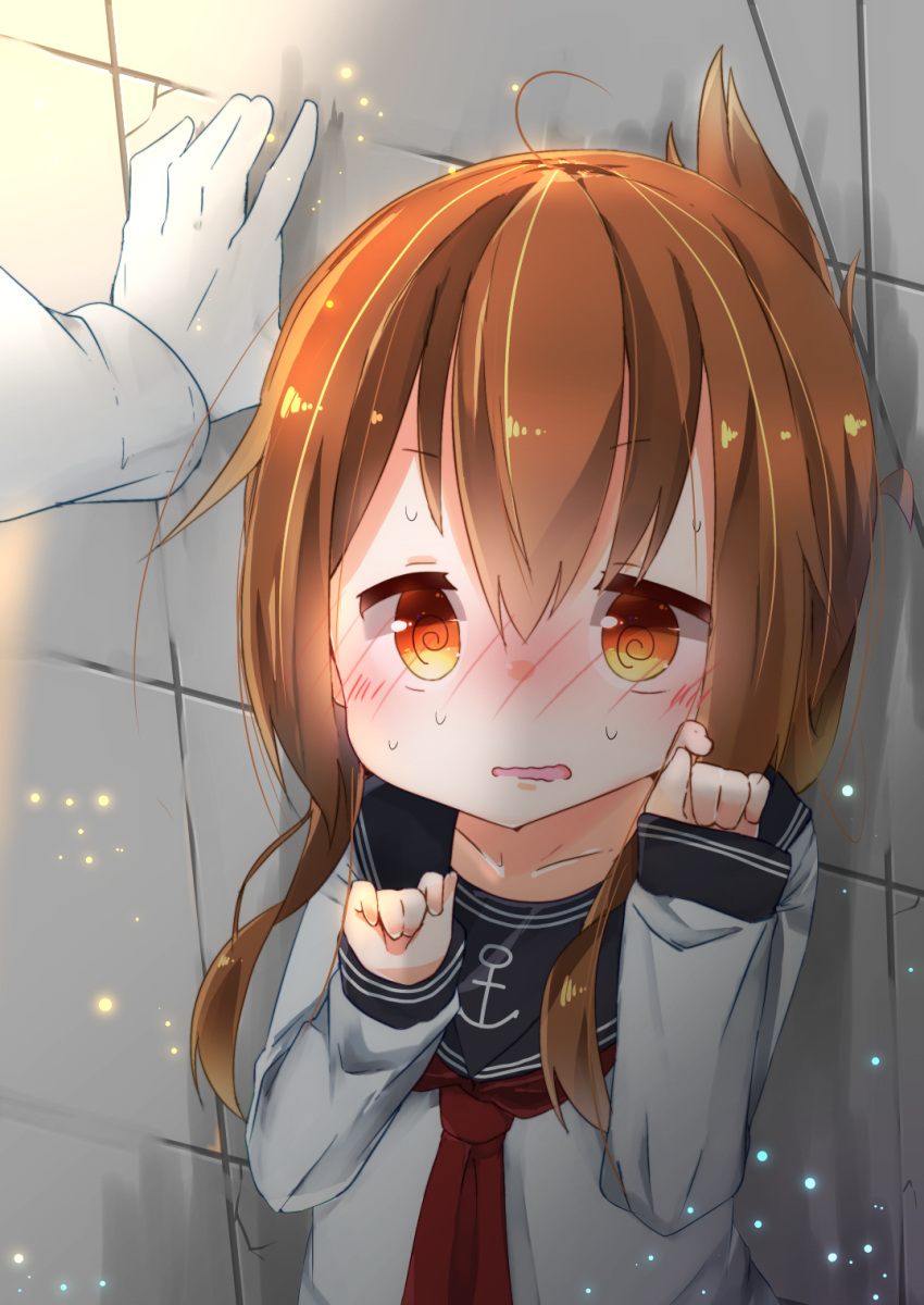 1girl @_@ admiral_(kantai_collection) anchor_symbol blush brown_eyes brown_hair commentary_request folded_ponytail gloves gurantsu hands_raised highres inazuma_(kantai_collection) kantai_collection neckerchief open_mouth school_uniform serafuku solo_focus sweat wall wall_slam wavy_mouth