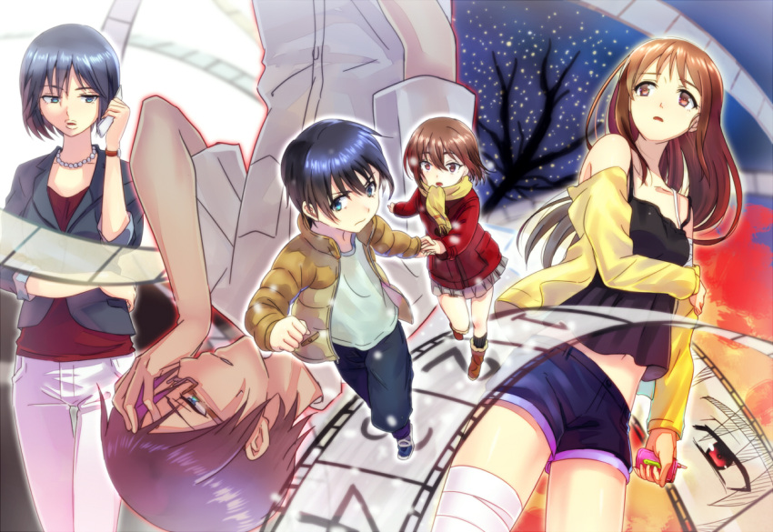 2boys 3girls arm_at_side bandaged_arm bandages bangs bare_tree belt black_hair black_legwear blue_eyes blue_hair blue_pants boku_dake_ga_inai_machi boots bra_strap brown_eyes brown_hair camisole cellphone child clouds coat collared_shirt dress_shirt dual_persona eyes film_strip fujinuma_sachiko fujinuma_satoru glasses hand_on_own_arm hinazuki_kayo holding_arm holding_hands holding_phone jacket jewelry katagiri_airi kneehighs long_hair long_sleeves looking_to_the_side miniskirt mother_and_son multiple_boys multiple_girls necklace night night_sky number off_shoulder pants parted_lips pearl_necklace phone pleated_skirt profile projected_inset red_eyes rosa_tsubomi running scarf shirt shoes short_hair short_sleeves shorts skirt sky sleeves_rolled_up snowing stomach strap_slip sunset talking_on_phone thigh_gap tree upside-down watch watch white_pants white_shirt yellow_scarf