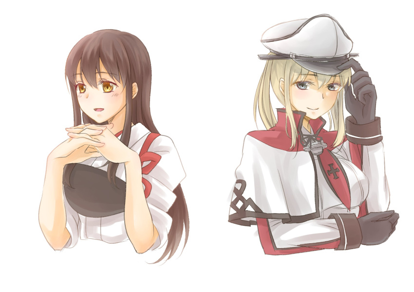 2girls akagi_(kantai_collection) blonde_hair blush breasts graf_zeppelin_(kantai_collection) hakama hat highres japanese_clothes kantai_collection long_hair military military_hat military_uniform multiple_girls smile twintails uniform