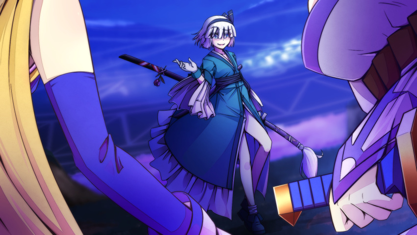1boy 2girls alternate_costume blue_eyes blue_gloves breasts character_request cirno detached_sleeves elbow_gloves eyebrows eyebrows_visible_through_hair faceoff flower frilled_kimono frills from_behind gloves hairband hand_on_sword hand_up highres holding_sword holding_weapon japanese_clothes kimono konpaku_youmu konpaku_youmu_(ghost) legs long_hair multiple_girls night obi perspective rurushia sash scarf shaded_face short_hair silver_hair standing sword thighs touhou very_long_hair weapon white_legwear wind wrist_cuffs yellow_scarf