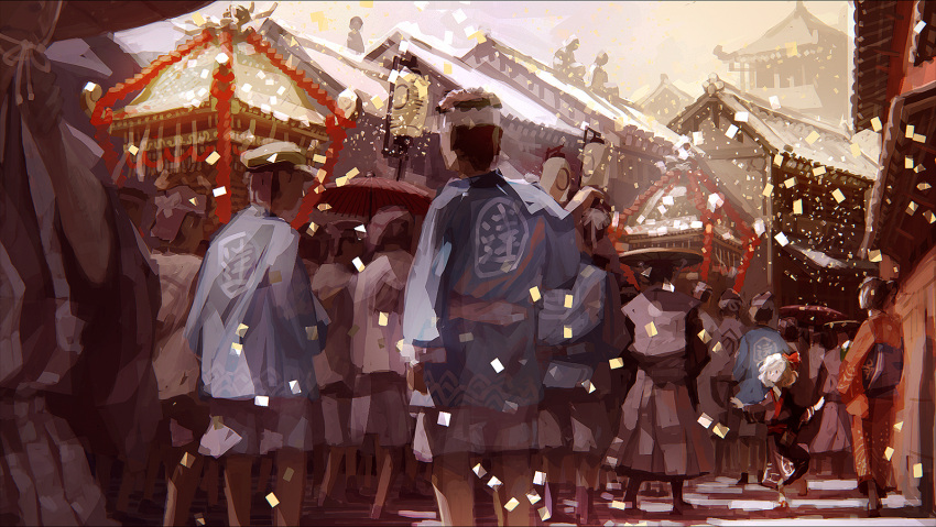 1girl alternate_costume architecture black_kimono blonde_hair blurry bow confetti crowd day depth_of_field east_asian_architecture festival hair_bow japanese_clothes kimono nenenoa outstretched_arms people rumia short_hair touhou