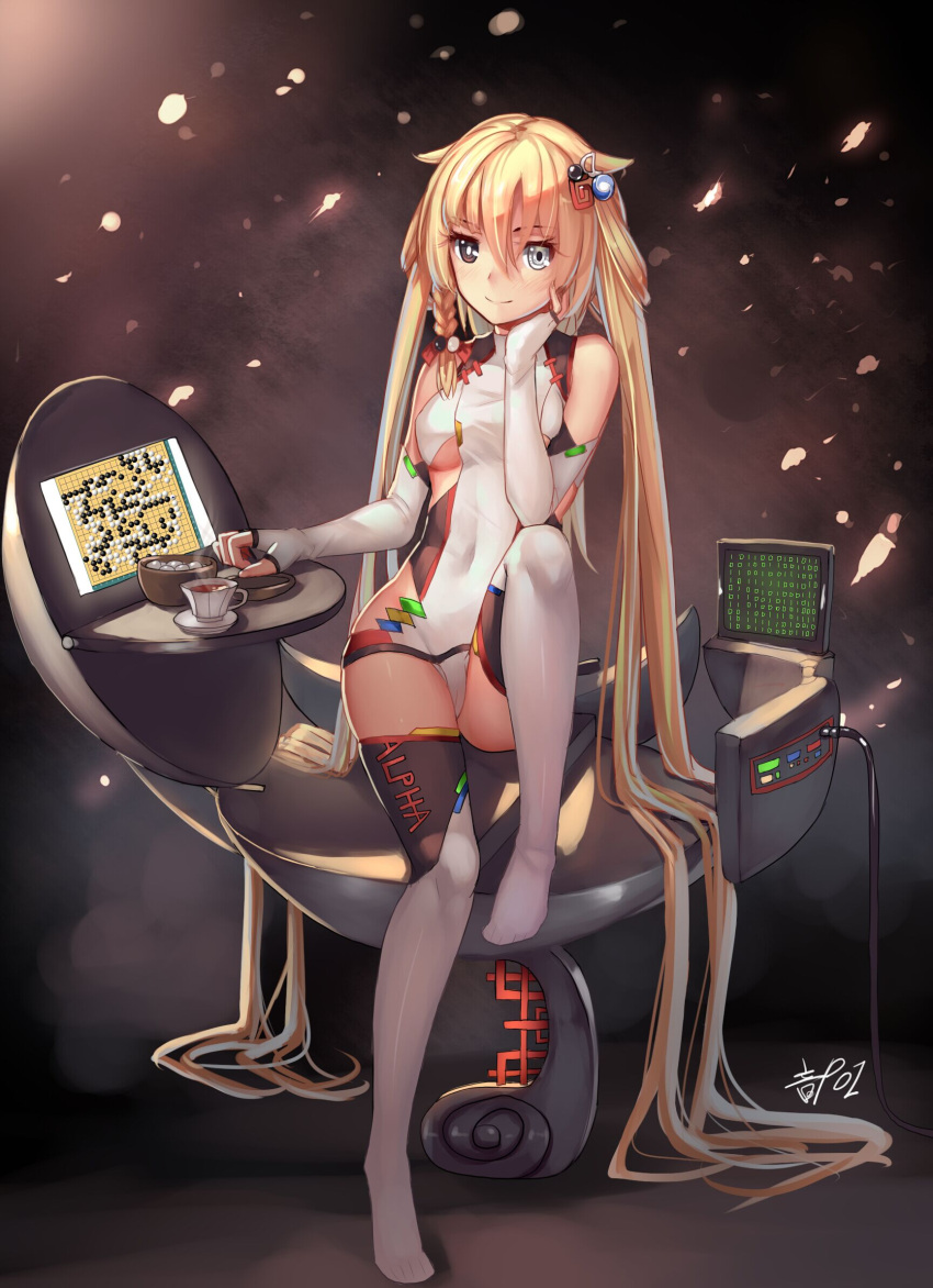 1girl absurdly_long_hair alphago bare_shoulders blonde_hair board_game braid cup elbow_gloves fingerless_gloves gloves go google hair_ornament highres leotard long_hair looking_at_viewer monitor original personification single_braid sitting smile solo teacup thigh-highs thighs twintails very_long_hair weiyinji_xsk white_legwear