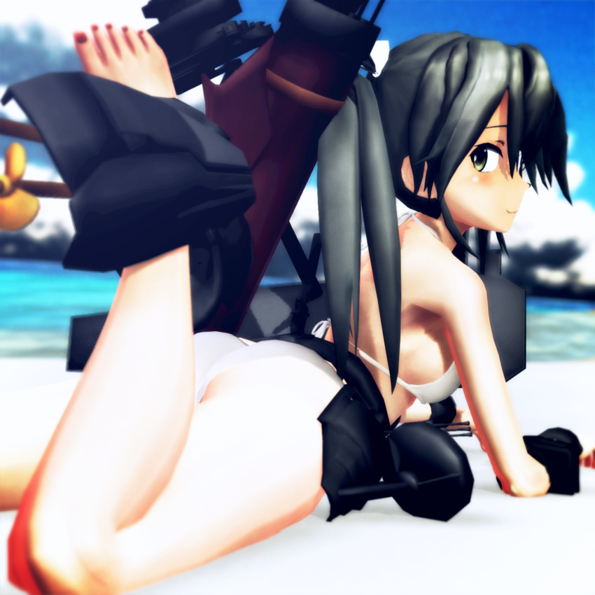 1girl ass bikini highres kantai_collection looking_at_viewer looking_back lying mikumikudance ocean on_stomach sierra_(ws) solo swimsuit white_bikini white_swimsuit zuikaku_(kantai_collection)