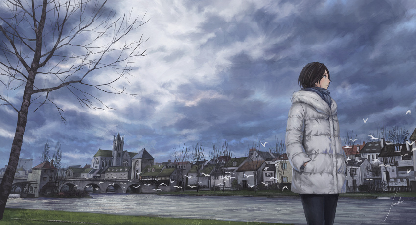 1girl anbe_yoshirou bare_tree bird black_hair bridge church city clouds coat commentary cowboy_shot grass hands_in_pockets highres house looking_away original river scarf scenery short_hair signature sky tree watermill winter winter_clothes