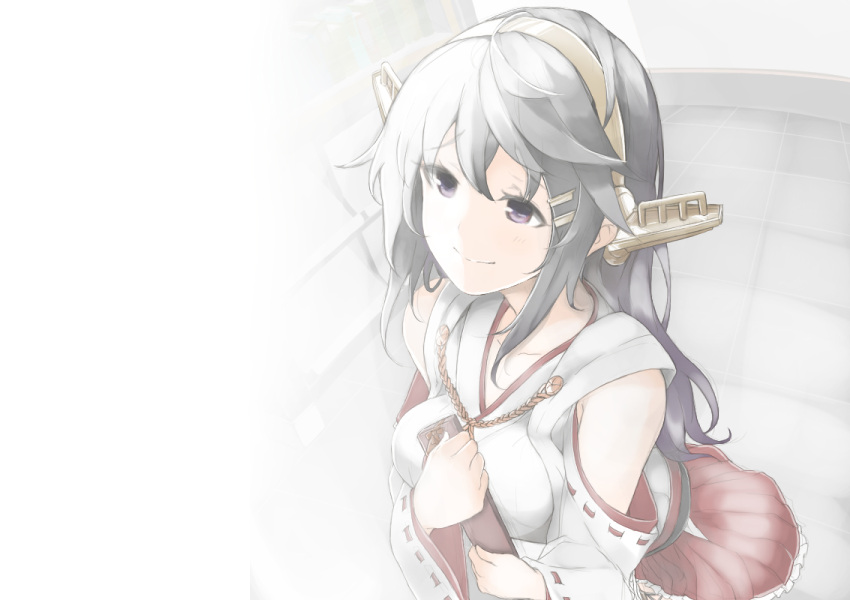 1girl bare_shoulders black_hair box commentary_request detached_sleeves gift gift_box hair_ornament hairband hairclip haruna_(kantai_collection) highres kantai_collection light long_hair morodashi nontraditional_miko ribbon-trimmed_sleeves ribbon_trim skirt smile violet_eyes white_day