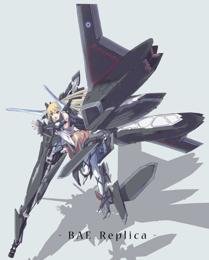 1girl :d ass bae_replica blonde_hair bridal_gauntlets fishnets high_heels highres jet_engine long_hair looking_back mecha_musume nenchi open_mouth red_eyes skin_tight smile solo wings