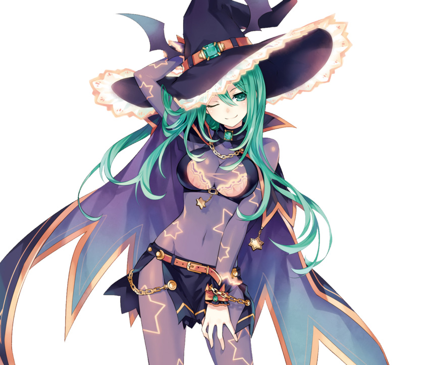 1girl breasts cleavage date_a_live green_eyes green_hair hat highres long_hair looking_at_viewer natsumi_(date_a_live) navel one_eye_closed see-through smile solo transparent_background witch_hat