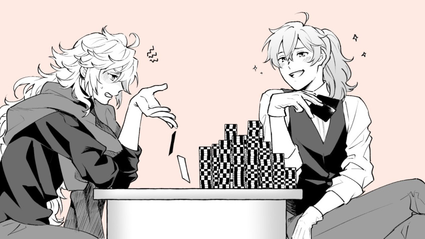 2boys blush camelot_&amp;_co card fate/grand_order fate_(series) gambling gloves ikuwataru_nagomi long_hair looking_at_another male_focus merlin_(fate) multiple_boys official_alternate_costume open_mouth pink_background playing_card poker_chip poker_table ponytail romani_archaman simple_background sitting smile smug waistcoat