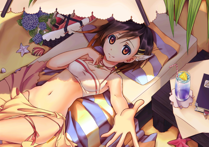1girl bikini black_hair brown_eyes character_request clam copyright_request flower looking_at_viewer lying navel reaching short_hair smile solo starfish swimsuit yan_xi