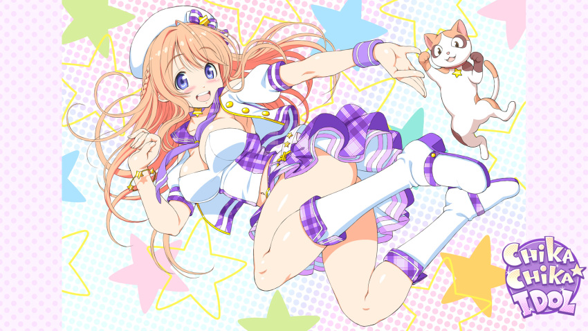 1girl abigail_williams blue_eyes boots breasts cat chika_chika_idol highres large_breasts long_hair looking_at_viewer open_mouth orange_hair smile solo tsuji_santa wallpaper