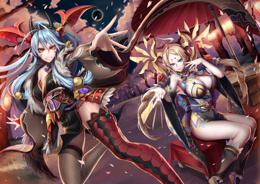 2girls ahoge armor bangs bare_shoulders blonde_hair blue_eyes breasts bridal_gauntlets cherry_blossoms choker cleavage detached_sleeves dutch_angle eclipse eyelashes facial_mark fingernails forehead_mark fur_trim grass grey_legwear grin hair_ornament horn_ornament horns japanese_clothes jewelry kanna_(p&amp;d) kimono lantern large_breasts leg_warmers long_fingernails long_sleeves looking_at_viewer magatama marble mismatched_legwear multiple_girls nail_polish obi open_\m/ oriental_umbrella outdoors outstretched_arm palms paper_lantern pelvic_curtain pendant petals pointy_ears ponytail puzzle_&amp;_dragons red_legwear red_nails ring rope sash satsuki_(p&amp;d) sharp_fingernails short_kimono sidelocks sitting smile sphere string tassel thigh-highs tree twintails umbrella wide_sleeves yellow_eyes zeroshiki_kouichi