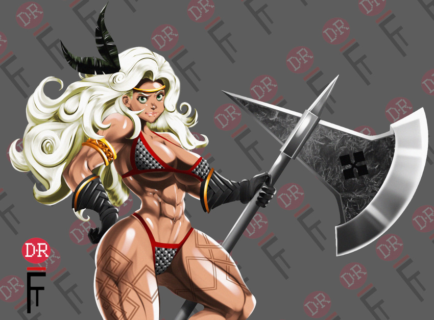 1girl abs amazon_(dragon's_crown) armlet armor bikini_armor black_gloves breasts circlet collaboration cowboy_shot curly_hair digitalrum doc_sinistar dragon's_crown feathers fire-tisane gloves hair_feathers halberd huge_weapon large_breasts long_hair muscle muscular_female polearm silver_hair slender_waist solo tan tattoo thick_thighs thighs under_boob weapon