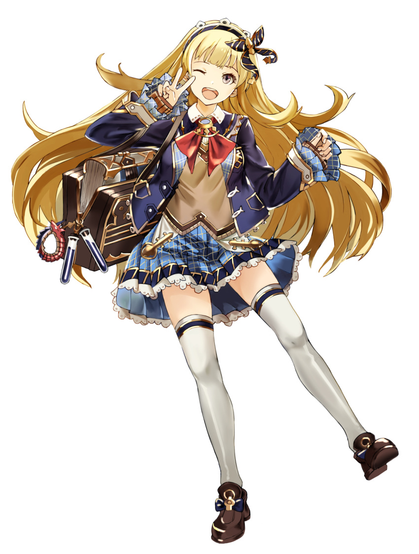 1girl :d ;d bag blonde_hair book breasts brown_shoes cagliostro_(granblue_fantasy) commentary_request frilled_skirt frilled_sleeves frills granblue_fantasy hairband highres loafers long_hair long_sleeves looking_at_viewer one_eye_closed open_mouth round_teeth ruisento school_uniform shoes simple_background skirt smile solo teeth thigh-highs v vial violet_eyes white_background white_legwear zettai_ryouiki