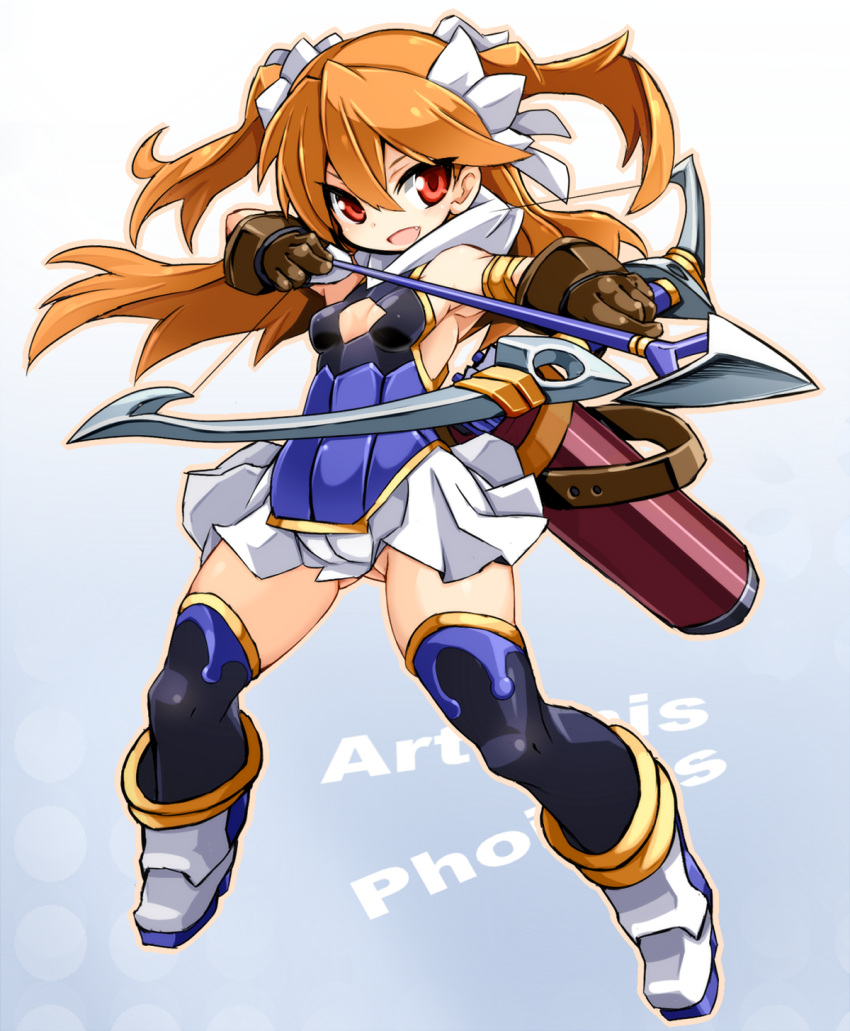 1girl :d armlet arrow artemis_phoebus ass_visible_through_thighs bare_shoulders blush boots bow_(weapon) brown_gloves center_opening character_name fang gloves hair_ribbon highres karukan_(monjya) long_hair open_mouth orange_hair outline pleated_skirt quiver red_eyes ribbon shinrabanshou skirt smile solo thigh-highs two_side_up weapon