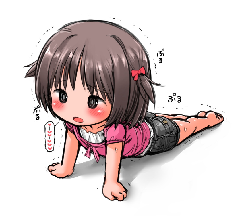 1girl all_fours arm_support ass barefoot black_eyes blush brown_hair denim denim_shorts foreshortening heart legs lying on_stomach open_mouth original shirt short_hair short_shorts short_twintails shorts solo spoken_heart trembling twintails two_side_up umekko white_background