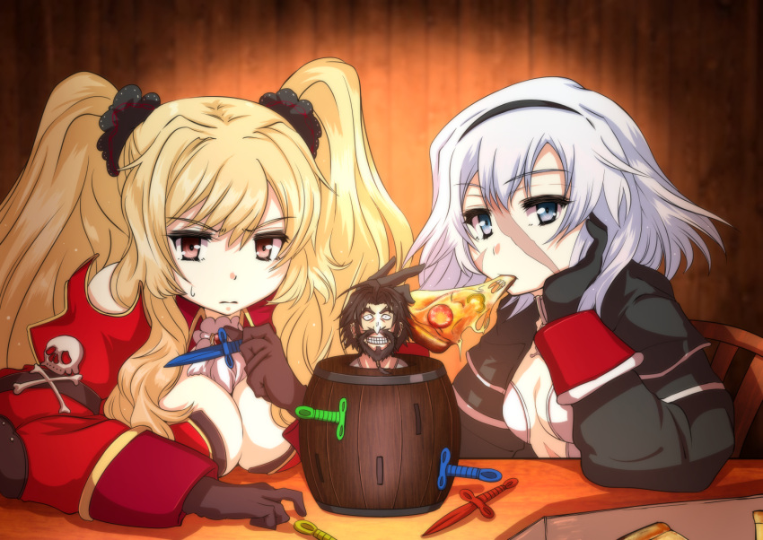 1boy 2girls anne_bonny_(fate/grand_order) black_hair blonde_hair edward_teach_(fate/grand_order) fate/grand_order fate_(series) food grimjin mary_read_(fate/grand_order) multiple_girls object_namesake pizza pop-up_pirate scar twintails white_hair