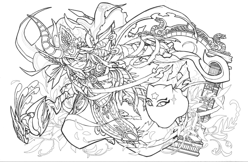 absurdres highres lineart monochrome official_art osiris_(p&amp;d) puzzle_&amp;_dragons solo