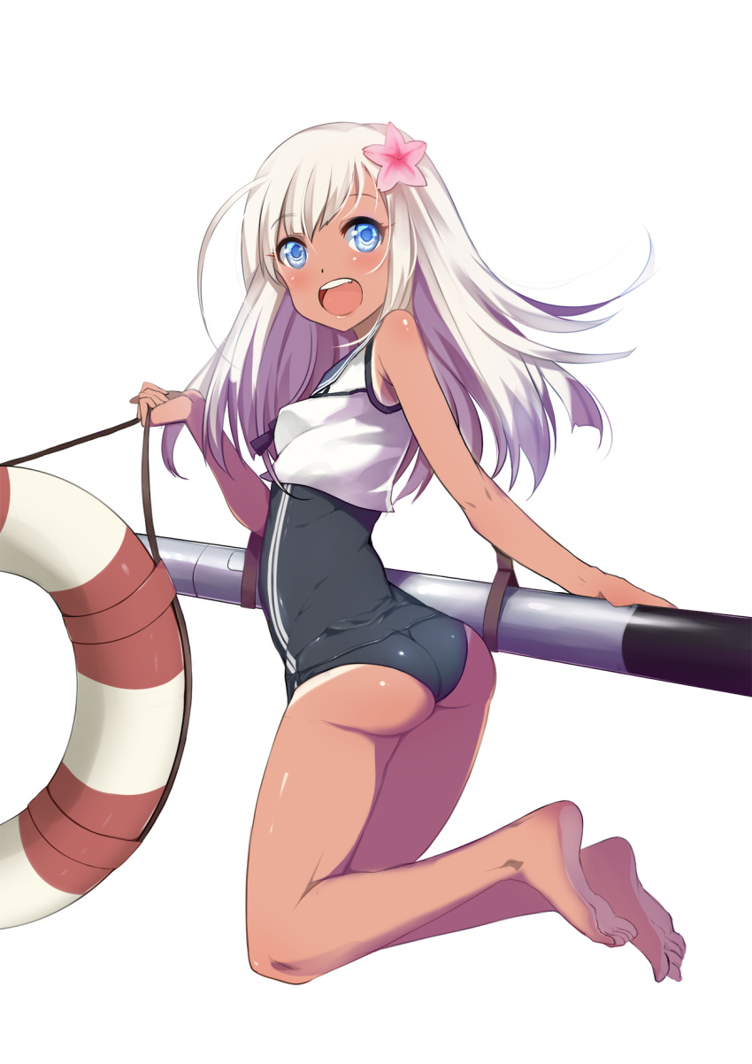 1girl ass bare_legs barefoot bba1985 blue_eyes crop_top flower from_behind hair_flower hair_ornament highres kantai_collection lifebuoy long_hair looking_at_viewer looking_back one-piece_tan open_mouth ro-500_(kantai_collection) sailor_collar school_swimsuit simple_background smile solo swimsuit swimsuit_under_clothes tan tanline torpedo white_background