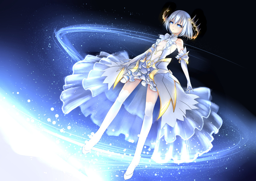1girl absurdres aoi_kao_(lsz7106) blue_eyes date_a_live dress elbow_gloves frilled_dress frills gloves highres short_hair silver_hair small_breasts solo tobiichi_origami white_dress white_gloves