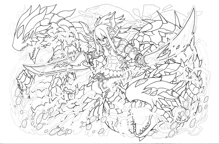 absurdres highres lineart monochrome official_art puzzle_&amp;_dragons solo