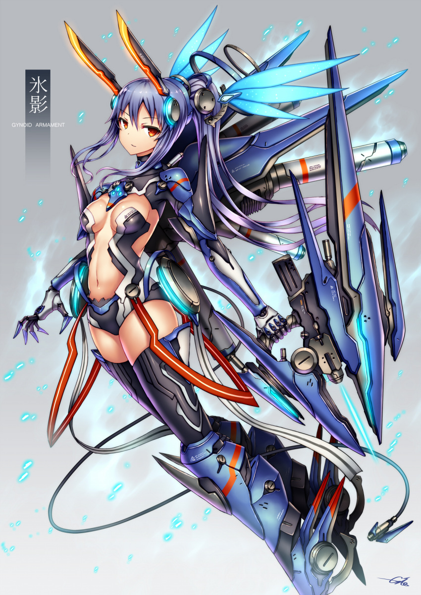 1girl breasts cleavage gia headgear highres long_hair original purple_hair red_eyes solo tail thigh-highs weapon