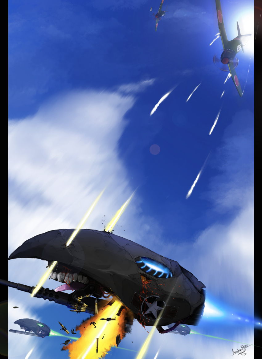 a6m_zero absurdres airplane battle browning_m2 commentary_request enemy_aircraft_(kantai_collection) firing harumiya_hiro highres kantai_collection military shinkaisei-kan weapon