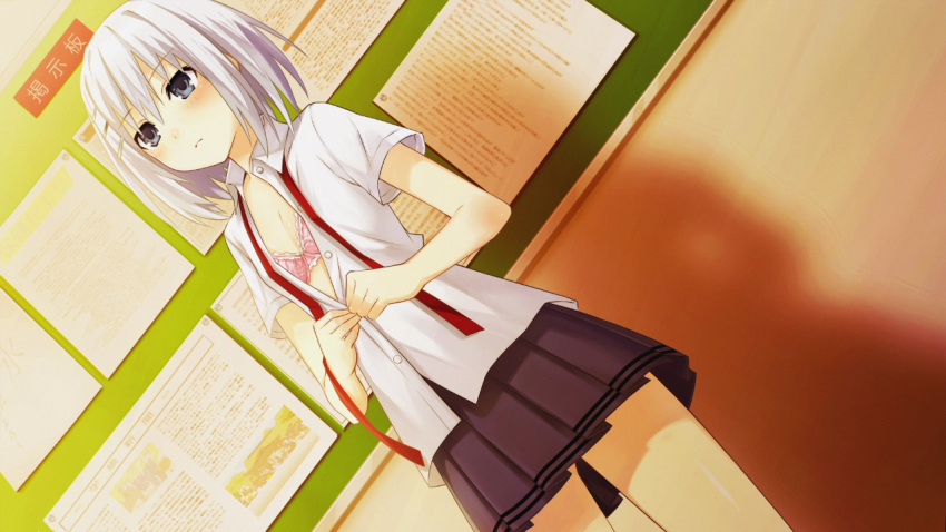 1girl bra breasts classroom cleavage date_a_live game_cg grey_eyes hair_ornament hairclip open_clothes open_shirt pink_bra school_uniform shirt short_hair silver_hair skirt small_breasts solo tobiichi_origami tsunako underwear undressing white_shirt