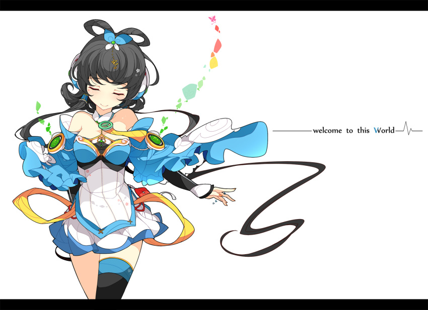 1girl bare_shoulders black_hair butterfly_hair_ornament closed_eyes hair_ornament hair_rings hair_tubes ideolo luo_tianyi simple_background smile solo thigh-highs twintails vocaloid vocanese white_background