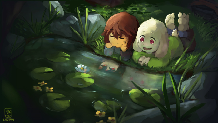 1boy :d androgynous artist_name asriel_dreemurr brown_hair caribun chara_(undertale) closed_eyes different_reflection fangs feet_up flower frisk_(undertale) furry grass green_shirt hands_on_own_cheeks hands_on_own_face highres horns lily_pad lying monster_boy moss on_grass on_stomach open_mouth outdoors pants pond red_eyes reflection rock shirt smile spoilers tail undertale violet_eyes water what_if
