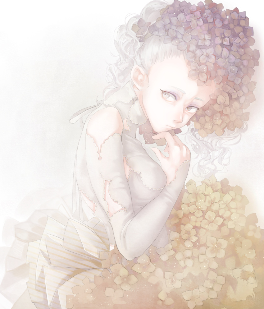 1girl bouquet commentary_request dress flower grey_eyes grey_hair hair_flower hair_ornament hand_on_own_chin highres hydrangea mizutame_tori muted_color original solo