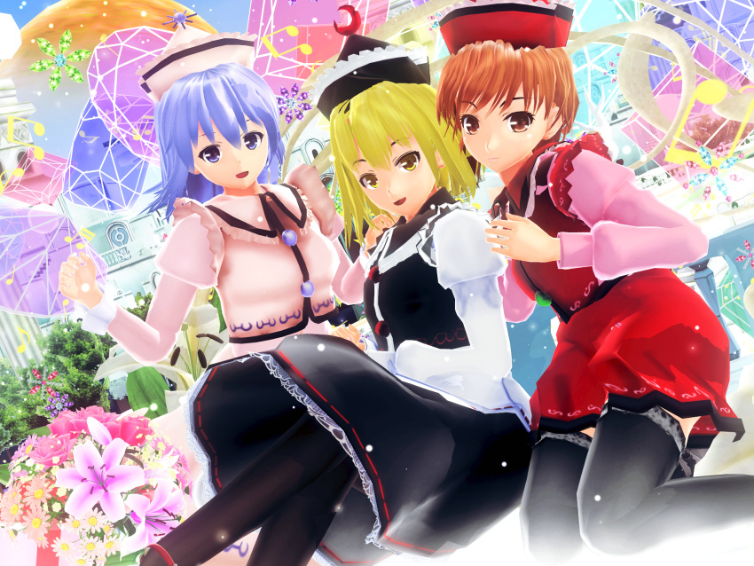 3d 3girls flower hat highres kurogoma_(glassesgurasan) mikumikudance multiple_girls touhou