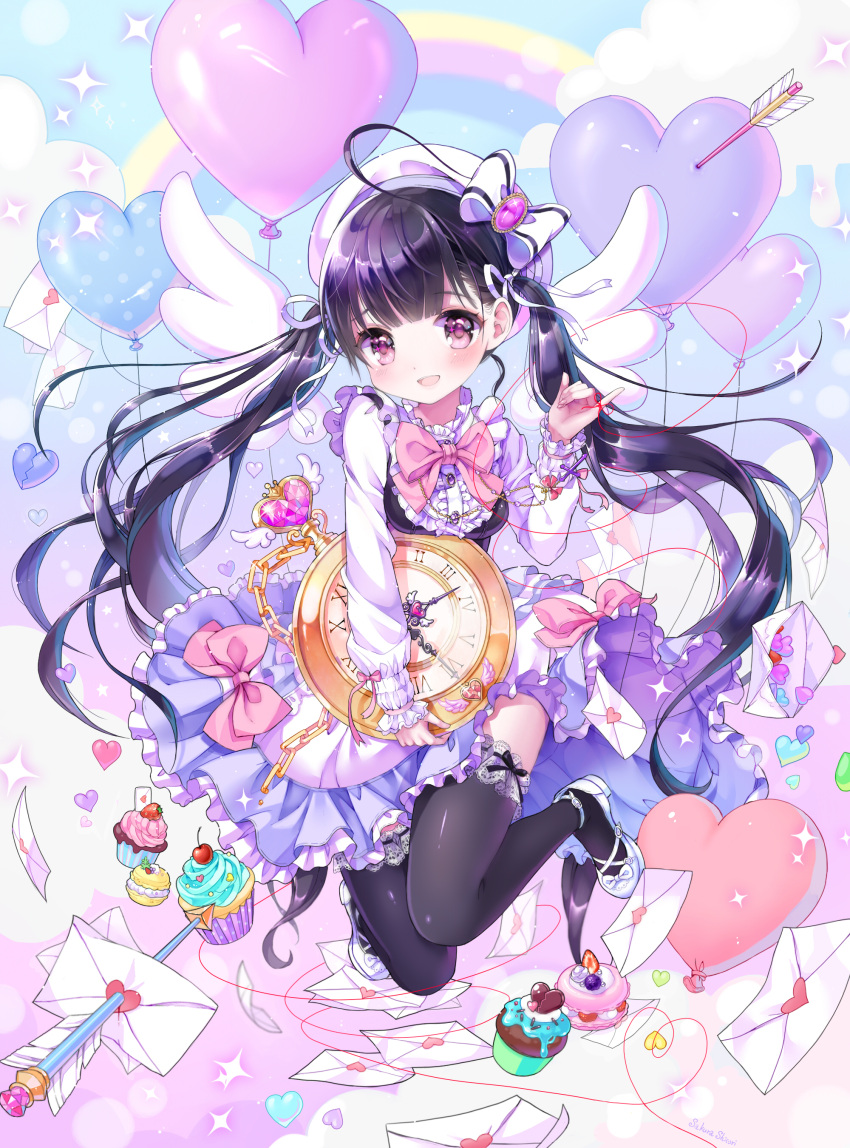1girl :d absurdres angel_wings arrow balloon bangs black_hair black_legwear bow clouds commentary_request cupcake dress frills garters gem hat hat_bow heart heart_balloon highres letter long_hair long_sleeves love_letter mary_janes open_mouth original pocket_watch rainbow red_string sailor_hat shiori_(xxxsi) shoes smile solo string thigh-highs twintails very_long_hair violet_eyes watch white_shoes wings