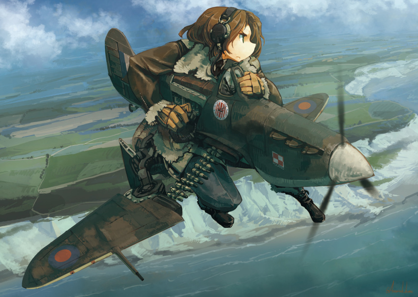 1girl ammunition ammunition_belt bomber_jacket brown_hair cliff clouds dutch_angle frown gloves green_eyes headset highres jacket kome landscape leather leather_jacket looking_to_the_side military military_uniform ocean original poland scenery sky solo supermarine_spitfire uniform water world_war_ii