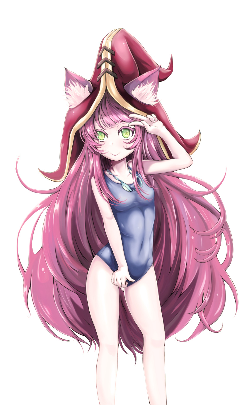 1girl absurdres green_eyes hat highres league_of_legends lulu_(league_of_legends) purple_hair school_swimsuit small_breasts swimsuit wizard_hat