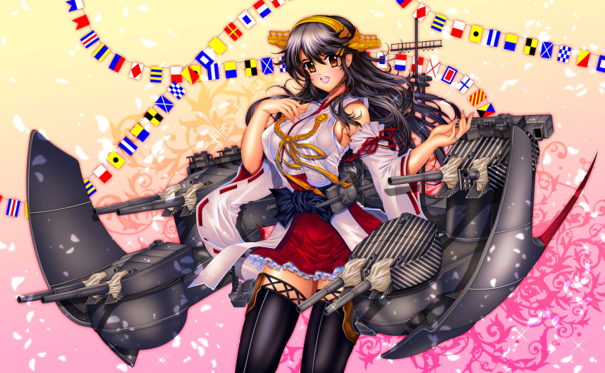 1girl :d black_hair black_legwear brown_eyes detached_sleeves flags_of_all_nations hair_ornament hairband hairclip haruna_(kantai_collection) john_r kantai_collection long_hair looking_at_viewer machinery nontraditional_miko open_mouth petals pleated_skirt remodel_(kantai_collection) skirt smile solo sparkle thigh-highs turret zettai_ryouiki