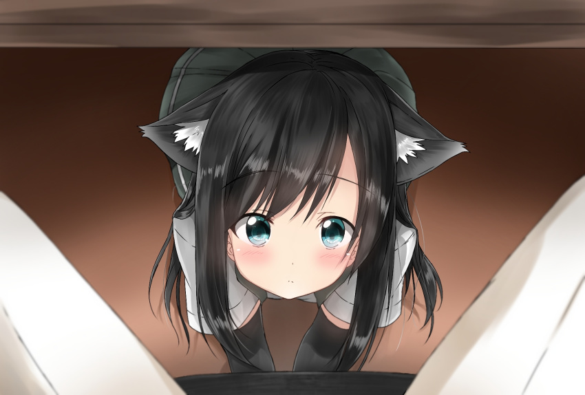 1boy 1girl admiral_(kantai_collection) all_fours animal_ears asashio_(kantai_collection) bangs black_hair blue_eyes blush cat_ears eyebrows eyebrows_visible_through_hair highres kantai_collection kemonomimi_mode long_hair looking_at_viewer out_of_frame pants pentagon_(railgun_ky1206) pleated_skirt pov school_uniform shirt short_sleeves sitting skirt solo_focus suspenders swept_bangs under_table white_pants white_shirt