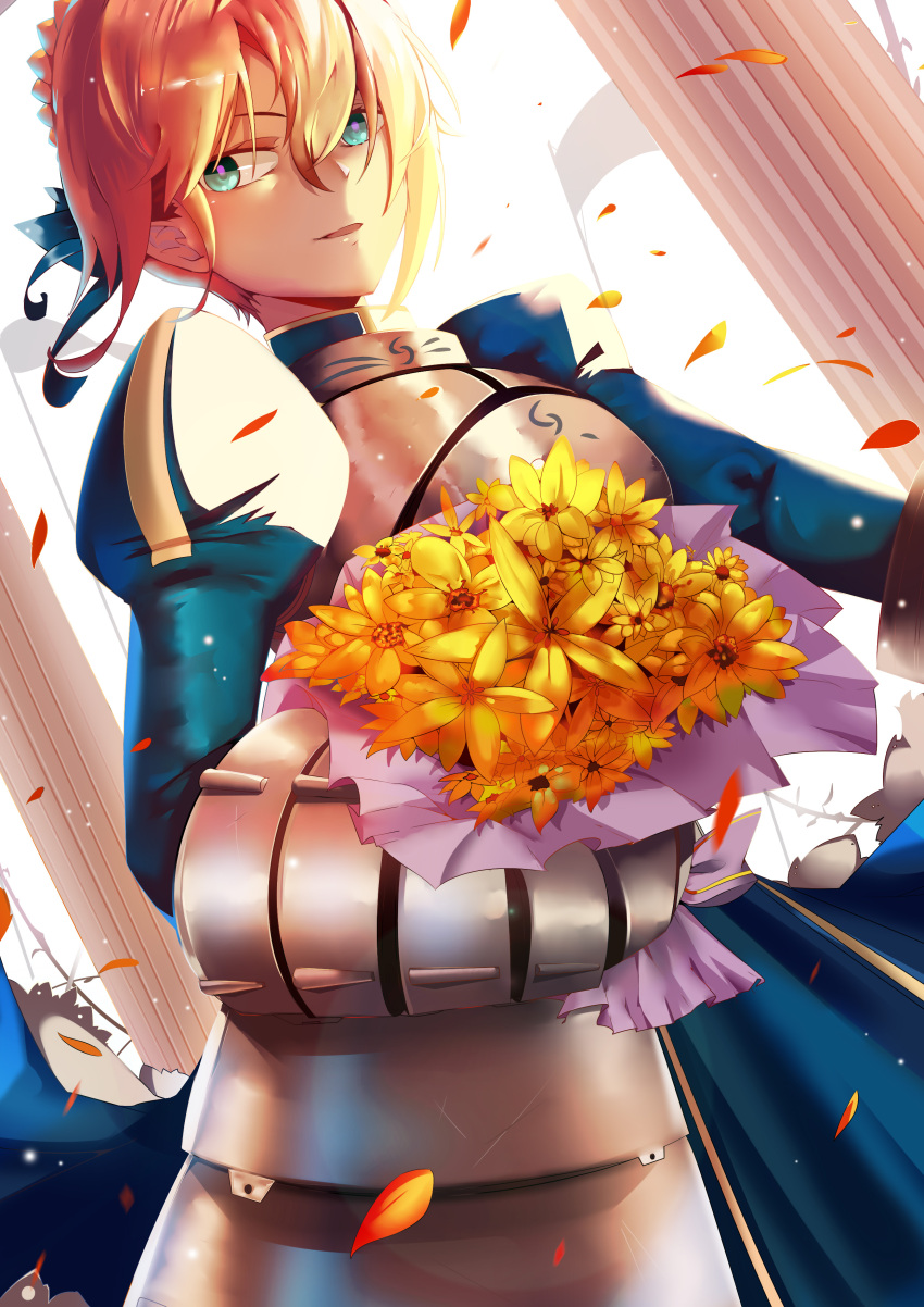 absurdres armor armored_dress blonde_hair bouquet chestplate fate/stay_night fate_(series) flower flower_request green_eyes hair_between_eyes highres juliet_sleeves long_sleeves looking_at_viewer lucky_(1045044604) petals puffy_sleeves saber smile