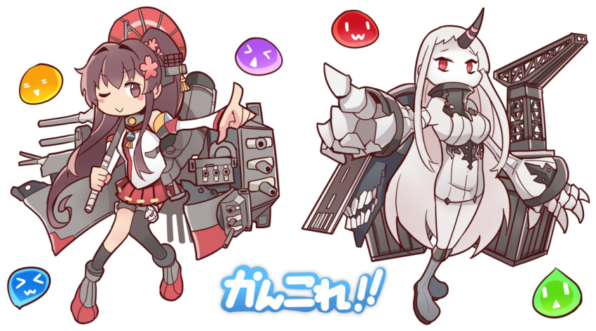 &gt;;) 2girls ;) brown_eyes brown_hair claws commentary_request crossover detached_sleeves dress emoticon headgear holding horn ido_(teketeke) kantai_collection machinery multiple_girls one_eye_closed oriental_umbrella pleated_skirt pointing pointing_at_viewer ponytail puyo_(puyopuyo) puyopuyo seaport_hime shinkaisei-kan skirt smile translation_request turret umbrella white_dress white_hair white_skin yamato_(kantai_collection)