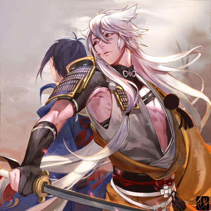 2boys armor back-to-back blue_hair fangs highres japanese_armor japanese_clothes katana kogitsunemaru male_focus mikazuki_munechika multiple_boys pom_pom_(clothes) red_eyes sode soonbu sword touken_ranbu weapon white_hair