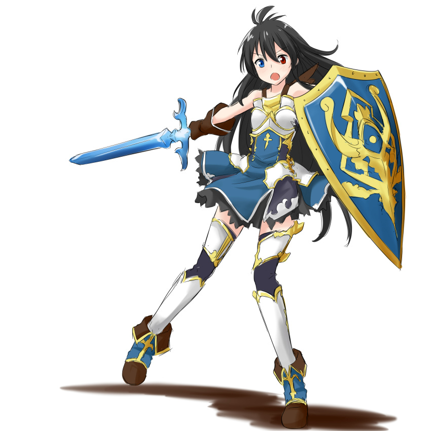 absurdres bellezza_felutia black_hair blue_eyes cosplay crossover felutiahime granblue_fantasy highres long_hair open_mouth original otoko_no_ko red_eyes shield skirt solo sword the_order_grande weapon