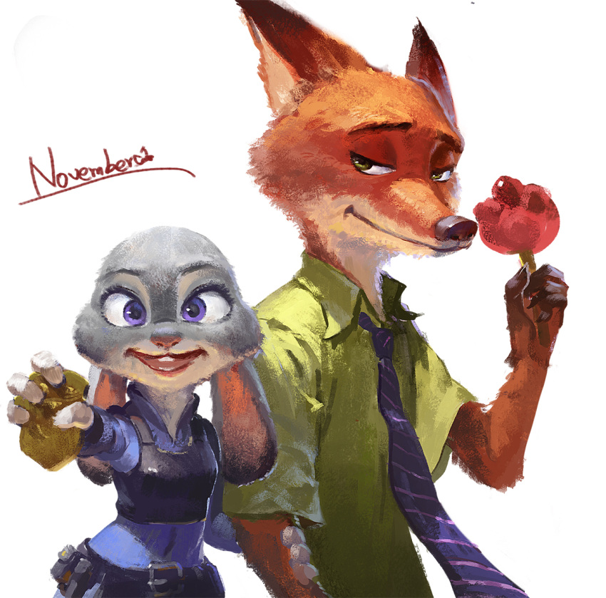 :d flower fox furry green_eyes holding holding_arm jeanex judy_hopps necktie nick_wilde open_mouth police police_badge police_uniform rabbit rose signature simple_background smile uniform violet_eyes white_background zootopia