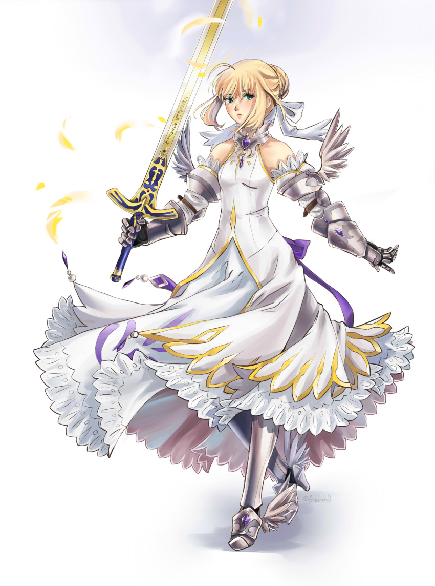 1girl absurdres ahoge armor armored_boots blonde_hair boots caliburn detached_sleeves green_eyes highres princess_ailish saber saber_lily solo