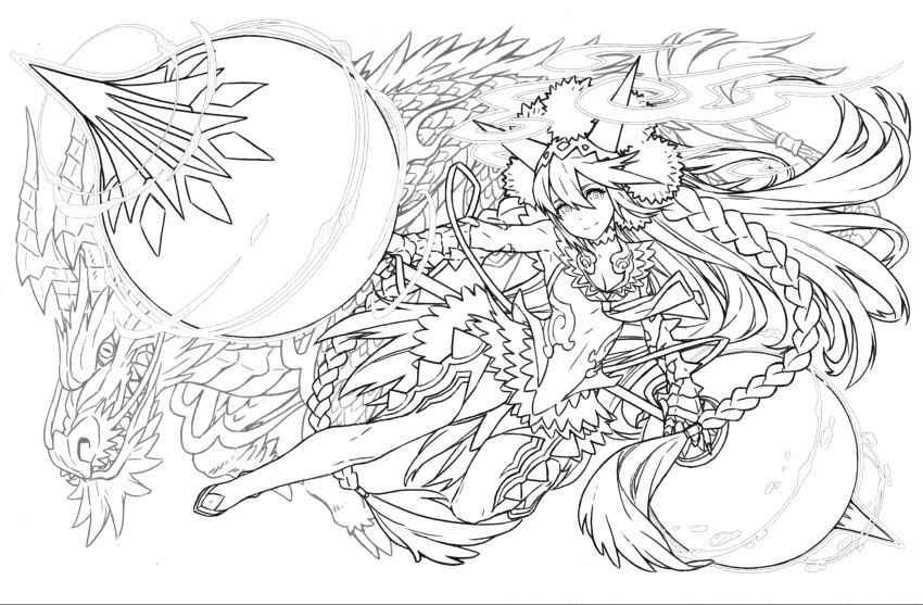 1girl absurdres highres lineart monochrome official_art puzzle_&amp;_dragons sakuya_(p&amp;d) solo
