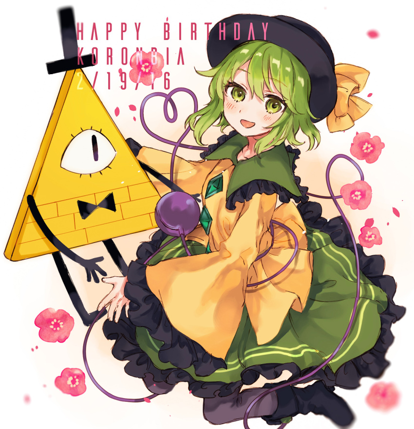 1girl bill_cipher blush boots bow bowtie crossover dated eyeball flower full_body gradient gradient_background gravity_falls green_eyes green_hair happy_birthday hat hat_ribbon heart heart_of_string highres komeiji_koishi long_sleeves looking_at_another looking_at_viewer nekoremon one-eyed open_mouth petals purple_legwear ribbon shirt short_hair skirt smile string third_eye top_hat touhou triangle wide_sleeves