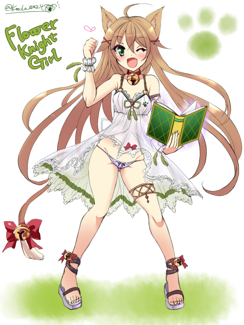 1girl ;d ahoge animal_ears bell bell_choker book bow brown_hair cat_ears cat_tail choker copyright_name enokorogusa_(flower_knight_girl) flower_knight_girl green_eyes highres long_hair looking_at_viewer object_namesake one_eye_closed oonishi_koala open_mouth panties purple_panties red_bow sandals skirt smile solo standing tail tail_bow thighlet twitter_username underwear white_skirt x_hair_ornament