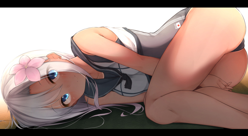 1girl blonde_hair blue_eyes flower hair_flower hair_ornament highres interlocked_fingers kantai_collection letterboxed long_hair looking_at_viewer lying neckerchief no_pants on_side rerrere ro-500_(kantai_collection) school_swimsuit school_uniform serafuku solo swimsuit swimsuit_under_clothes tan tanline v_arms